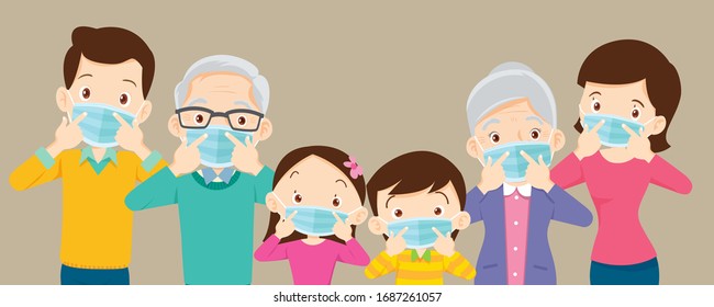 family and grandparent wearing protective Medical mask for coronavirus,Covid-19, Wuhan and show victory, family wearing protective Medical mask for prevent virus Covid 19 and victory hand.