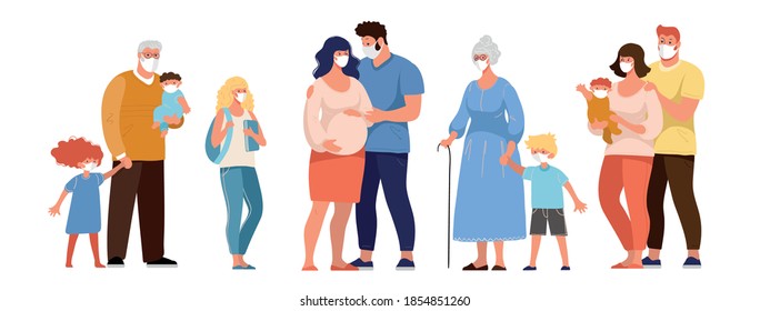 Family, grandparents with grandchildren, pregnant woman, people in medical masks, protection against the spread of coronavirus. Flat cartoon vector characters isolated on white background