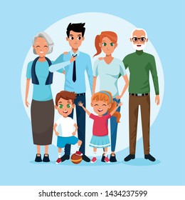 Family grandparents parents and kids cartoons on blue background vector illustration