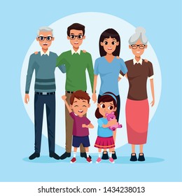 Family grandparents parents and kids cartoons on blue background vector illustration