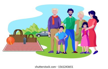 family with grandparents picnic, outdoor vector illustration