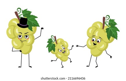 Family of grape berry characters with happy emotions, smile face, happy eyes, arms and legs. Mom is happy, dad is wearing hat and child is dancing. Vector flat illustration