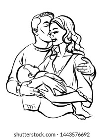 Family. Graphic, hand-drawn sketch depicting happy parents with a baby in their arms.