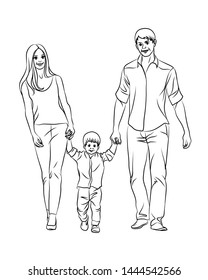 Family. Graphic, hand-drawn sketch depicting happy parents with a baby.