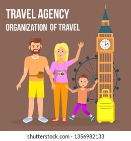 Family in Great Britain Vector Social Media Banner. Travel Agency Flat Poster with Lettering. Parents with Son in London. Tourists with Suitcases Cartoon Characters. Big Ben Architectural Landmark