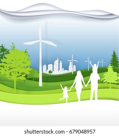 Family And Green City For  Life.The Eco-friendly City Vector Paper Art Illustration Paper Cut.eps