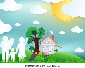 family and green city for life.The eco-friendly city vector paper art illustration paper cut