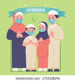 family greeting eid Mubarak using face mask during coronavirus outbreak