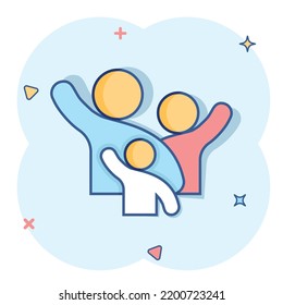 Family Greeting With Hand Up Icon In Comic Style. Person Gesture Vector Cartoon Illustration Pictogram. People Leader Business Concept Splash Effect.