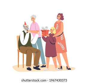 Family greeting happy grandfather with birthday. Wife, daughter and grandchild giving present to aged gray haired man to anniversary. Cartoon flat vector illustration
