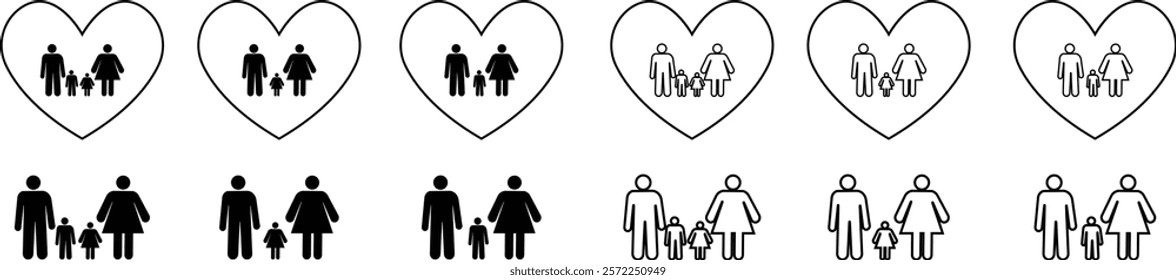 Family greeting icon set in flat and line style. Person gesture black vector collection isolated on transparent background. People leader business concept. Child custody symbol. Washroom Accessibility