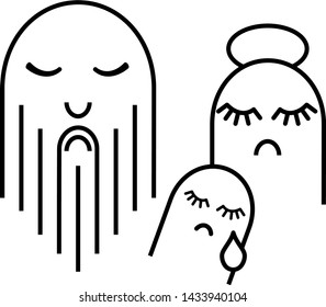 Family grief concept: mom, dad and child in sadness. Icon in outline style