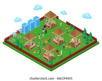 Family Grill BBQ Area in the Forest with Active People Cooking Meat and Playing Sports. Isometric City. Vector illustration