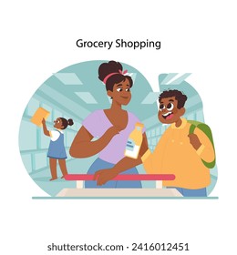 Family grocery adventure concept. Mother and children engaging in weekly shopping, exploring aisles with sense of togetherness, choosing products at the store. Flat vector illustration