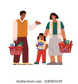 Familia en el supermercado llena cestas con comestibles más caros. Gente frustrada por el alza de los precios de los alimentos, ilustración plana vectorial aislada de fondo blanco.