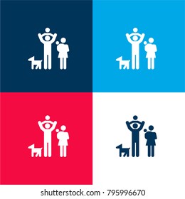 Family group of father and mother with two babies and a dog four color material and minimal icon logo set in red and blue