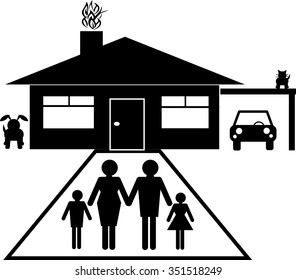 A family group with house, carport, car, dog and cat in silhouette