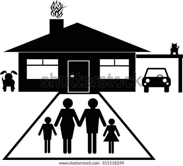 A family group with house, carport, car, dog\
and cat in silhouette