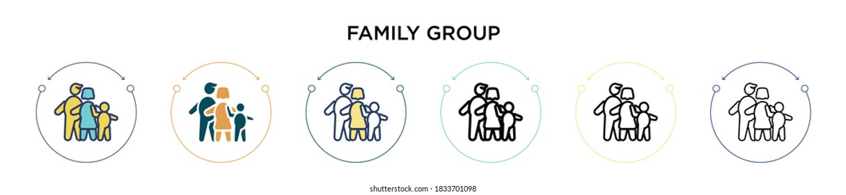 Family group icon in filled, thin line, outline and stroke style. Vector illustration of two colored and black family group vector icons designs can be used for mobile, ui, web