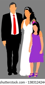 Family Group At Wedding vector illustration. Multi generation. Happy Bride with father and little sister. Just married. Family photo memory. Wedding dresses bride and groom in love. 