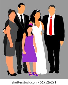 Family Group At Wedding vector illustration. Multi generation. Wedding couple with parents and little duty. Just married. Family photo memory. Wedding dresses. Just married.