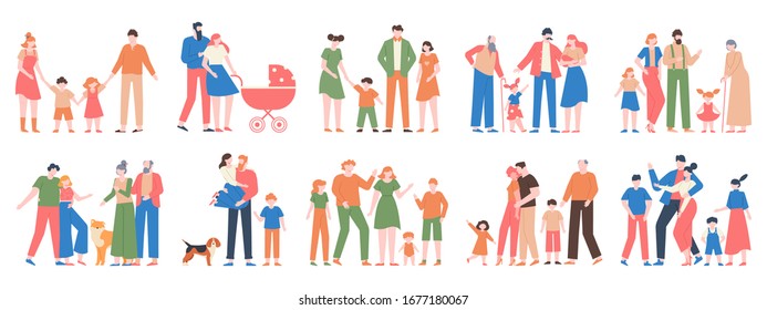 Family Groups. Love Family Portraits, Traditional Families, Mother, Father, Happy Kids, Different Generations Characters Vector Illustration Set. Happy Mother Father Together, Portrait Collection