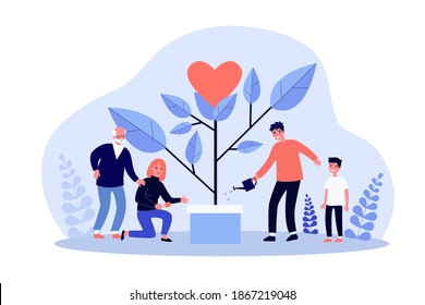 Árbol familiar creciendo con corazón. Padres, niño, nieta de vector plano. Generación, amor, concepto de relación para banner, diseño de sitio web o página web de aterrizaje