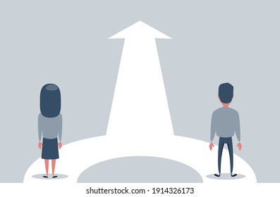 Family growth vector concept with man and woman walking towards upwards arrow. Symbol of success, promotion, career development. Vector flat design illustration.