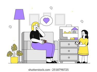 Familia con conejillo de indias. Madre y niña se sientan con mascotas exóticas en el apartamento. Propietarias con animales domésticos lindos. Amor y cuidado. Ilustración vectorial lineal aislada sobre fondo blanco