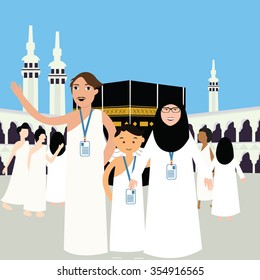 familia haj hajj peregrino hombre padre madre madre hijos usando islam hijab ihram ilustración vectorial mecca'ba kabba kaba umrah