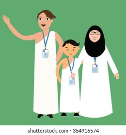 family haj hajj pilgrim man father mother woman kids wearing islam ihram hijab ihram clothes vector illustration umrah