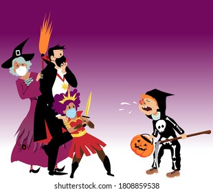 Family in Halloween costumes wearing protective face masks scared of a unmasked child, sniffing at them and spreading germs, EPS 8 vector illustration