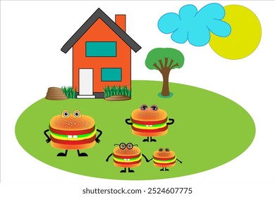  A family of hamburgers on the background of a beautiful house. Cartoon cute hamburgers in the image of mom, dad and kids. My favorite dish is a fast food burger, sandwich. A happy family.Vector. 