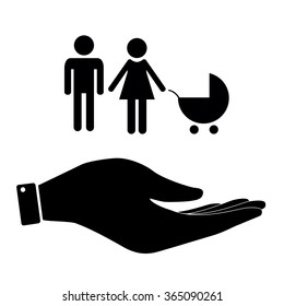 Family in hand icon, care symbol vector illustration. Flat design style