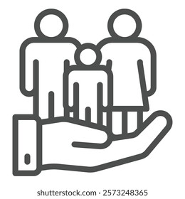 Family in hand line icon, family lawyer concept. Vector graphics. Human group in hand palm sign on white background, outline style icon for mobile or web design