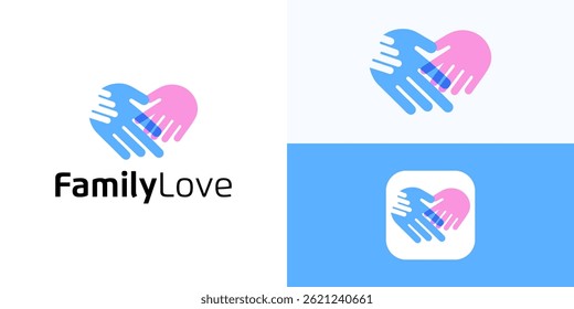 Family hand love with mother father and child, logo icon design vector, Symbol heart for relationship sign, Shake together for parent, elderly people, pregnancy, parenting, community, social care