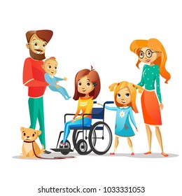 Family and handicapped child vector illustration. Disabled girl in wheelchair surrounded by happy mother and father, sister and baby brother with dog pet for children disability people concept