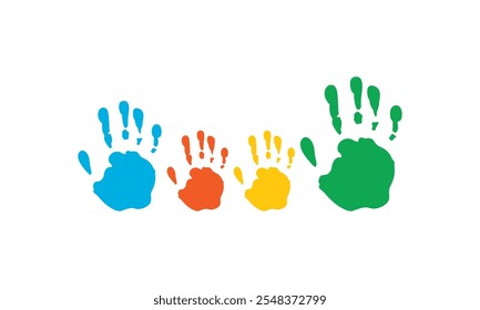 Family handprints vector illustration. Watercolor family handprints of mom, dad, and child. Social illustration. Handpaint