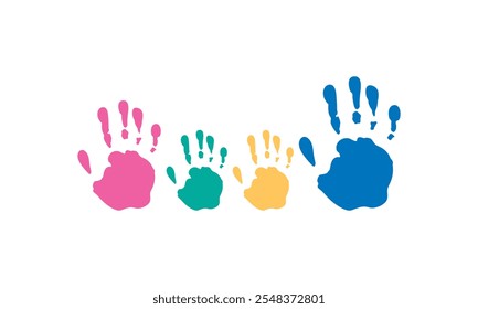 Family handprints vector illustration. Watercolor family handprints of mom, dad, and child. Social illustration. Handpaint