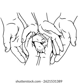 Mãos de família segurando os pés do bebê, ilustração de vetor desenhada à mão