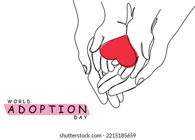 Manos familiares con corazón rojo, seguro de salud cardíaca, donación de órganos, Día Mundial del Corazón, Día Mundial de la Salud, Día Mundial de la Salud Mental, concepto de hogar adoptivo. Imagen continua de la línea del cartel del día mundial de la adopción