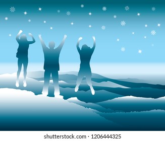 Family with hands up jumping and having fun on the top of mountain in the snow. Vector illustration. Blue Ridge Mountains, North Carolina, USA.