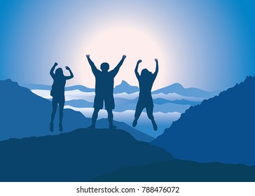 Family with hands up jumping and having fun on the top of mountain. Vector illustration. Blue Ridge Mountains, North Carolina, USA.