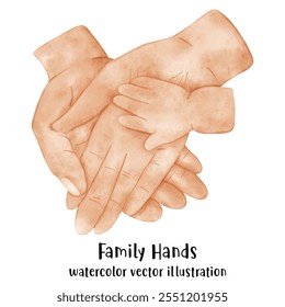 Mãos da família, mãe, pai e mãos do bebê na ilustração do vetor de aquarela