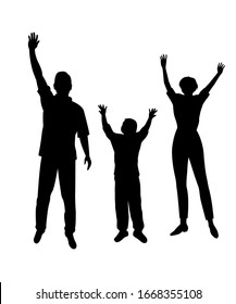 Family with hands up. Family of champions. Black Silhouettes of man, woman, boy. Vector illustration isolated on a white background.