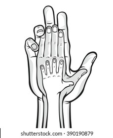 Family hands. Vector black and white illustration