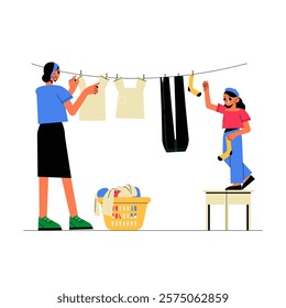 Family Hanging Laundry Outdoors In Flat Vector Illustration Symbolizing Household Chores, Teamwork, And Family Bonding, Isolated On White Background