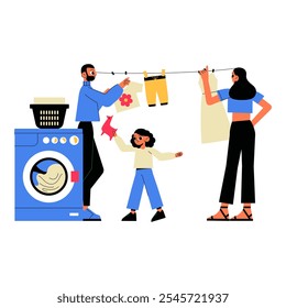 Family Hanging Laundry Together In Flat Vector Illustration Symbolizing Household Chores, Family Bonding, And Domestic Responsibility, Isolated On White Background.