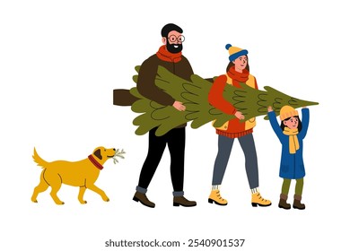 Family happily carrying a Christmas tree home together with their golden retriever