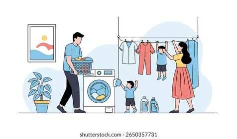 Family happily does laundry together in a bright modern home environment
